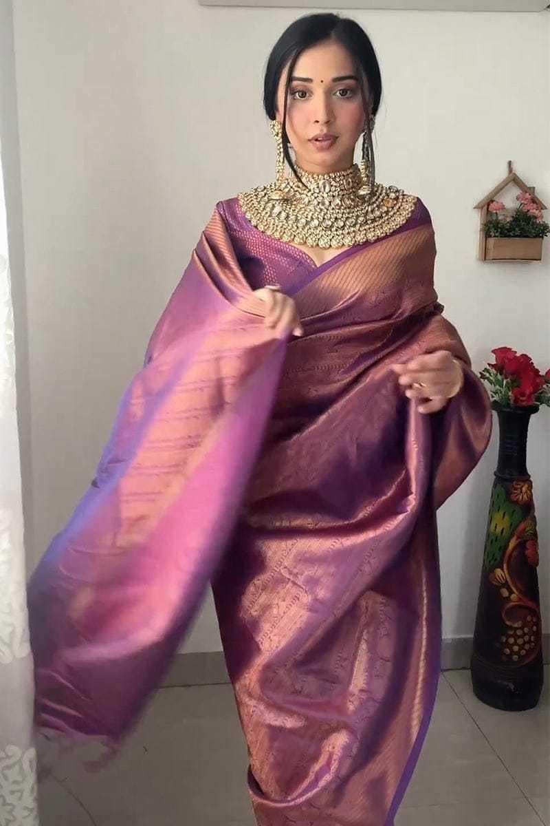 Taniya Mittal Inspired Kanjivaram Silk Saree [Purple] - House of ViDi