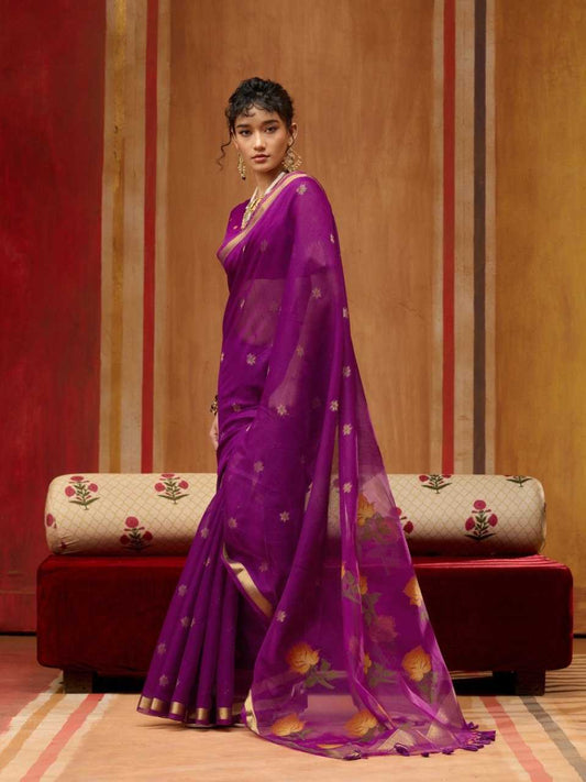 Purple Handloom Silk Saree with Organza Pallu & Woven Design - House of ViDi