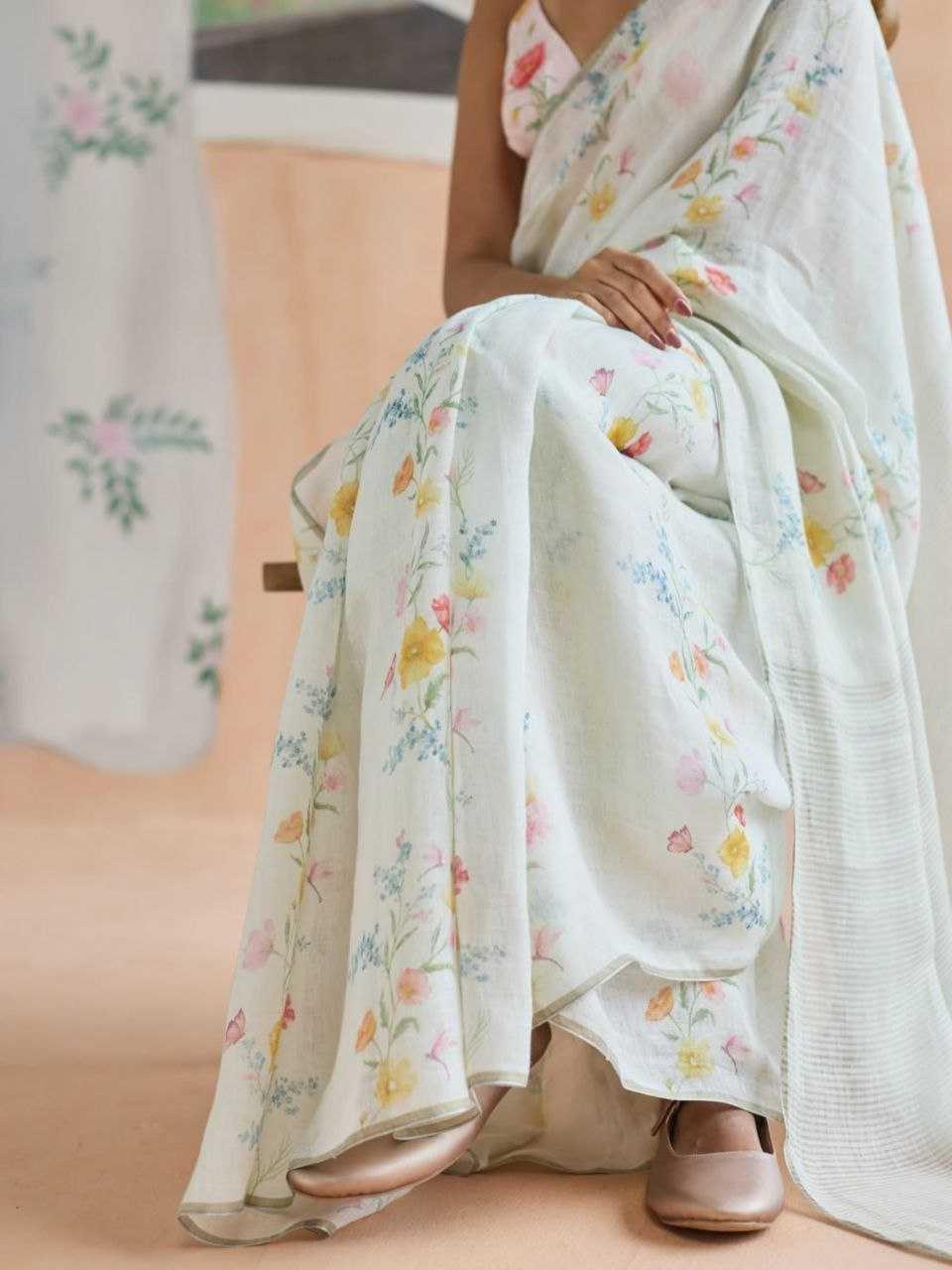 Mint Green Premium Linen Digital Print Designer Saree with Matching Blouse - House of ViDi