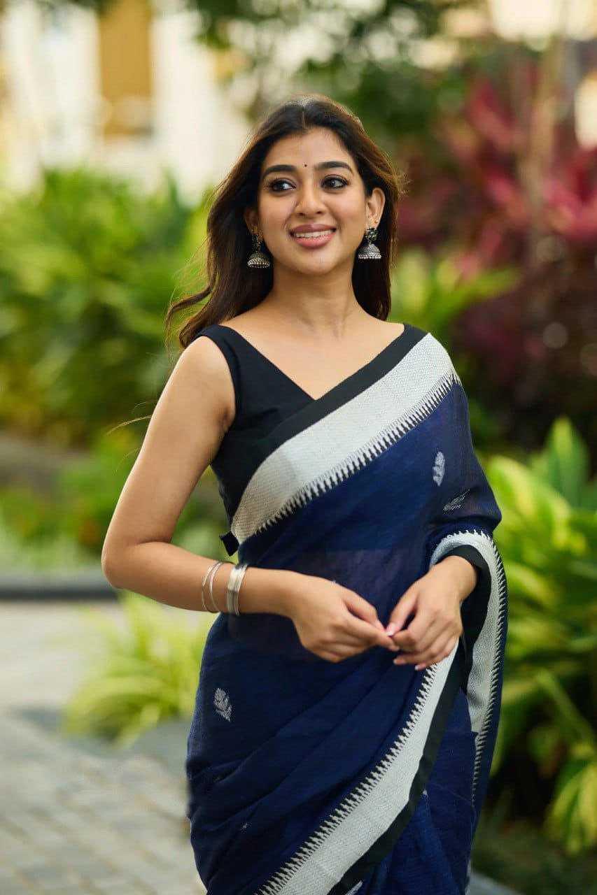 Navy Blue Premium Linen Cotton Digital Print Saree with Matching Blouse - House of ViDi