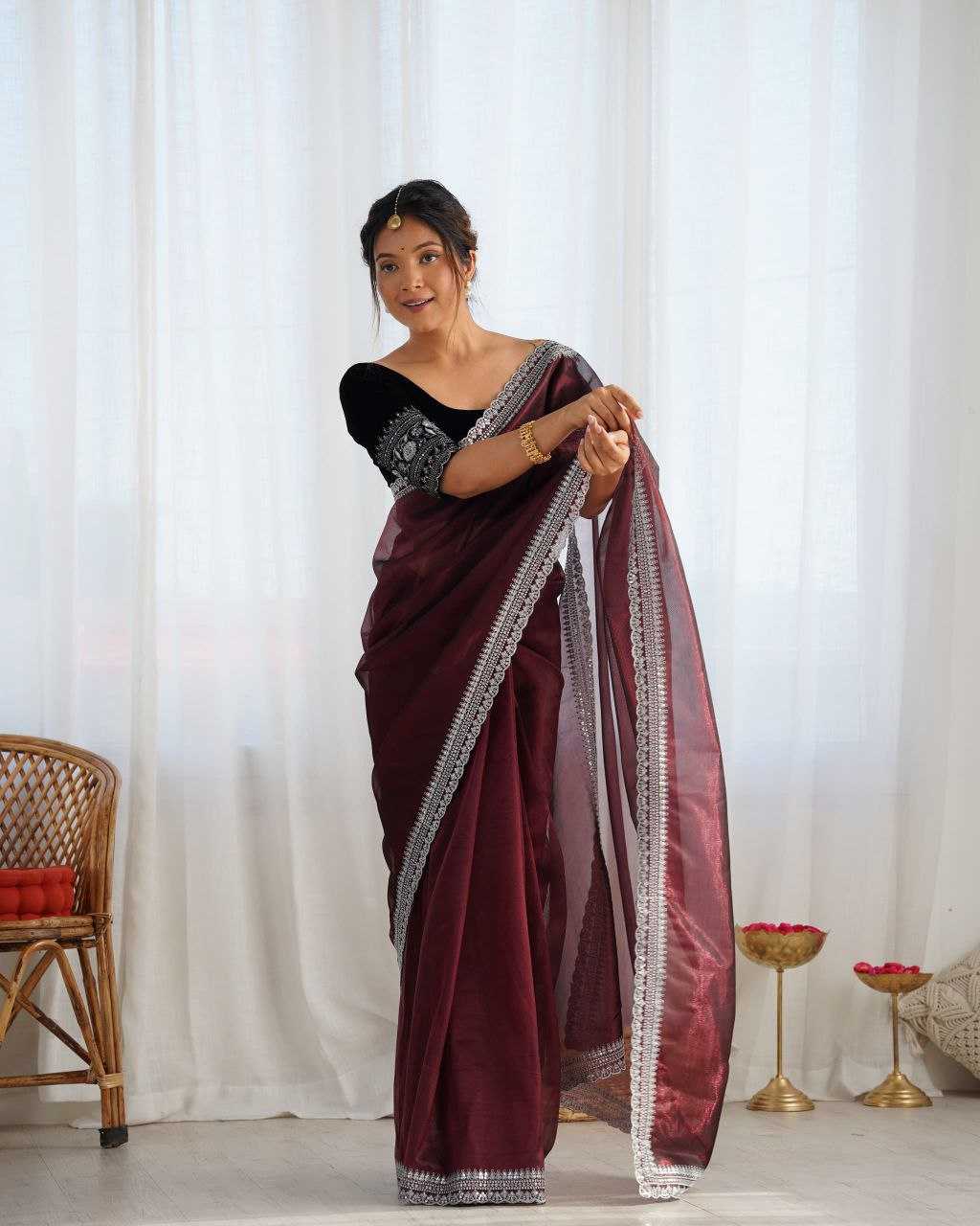 Elegant Lilac Twill Net Saree with 3mm Sequins & Rich Gold Zari Work [Violet]