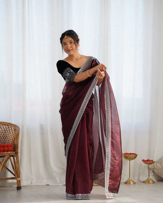 Elegant Lilac Twill Net Saree with 3mm Sequins & Rich Gold Zari Work [Violet]