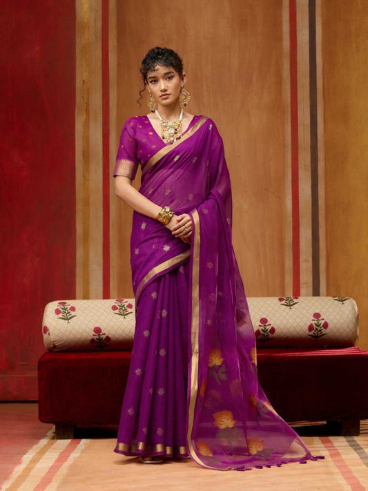 Purple Handloom Silk Saree with Organza Pallu & Woven Design - House of ViDi