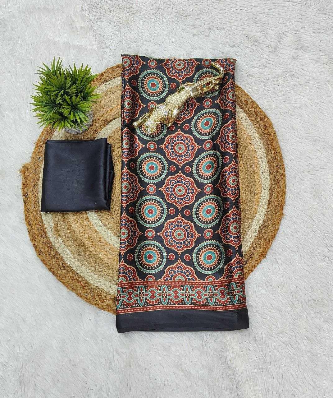 Party Wear Semi Gajji Silk Ajrakh Printed Saree with Rich Pallu & Blouse - House of ViDi