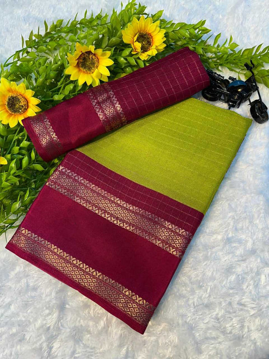 Lime Green Premium Mysore Silk Saree with Traditional Weaving and Rich Padded Border – Festive & Wedding Collection
