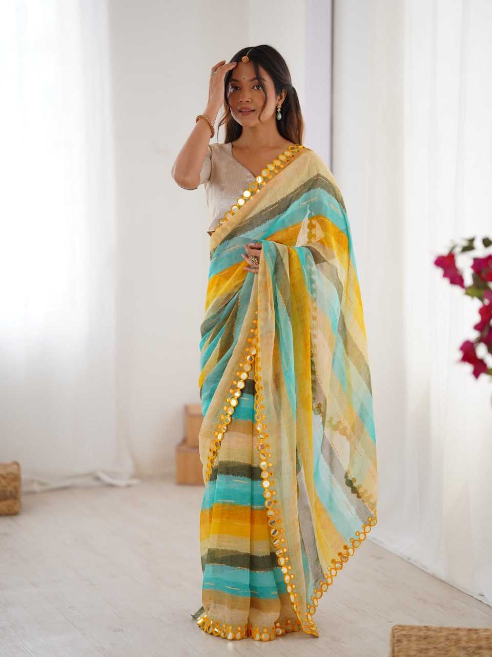 Yellow Heavy Marble Chiffon Lehriya Print Saree with Zari & Mirror Border – Elegant Festive & Party Wear Saree