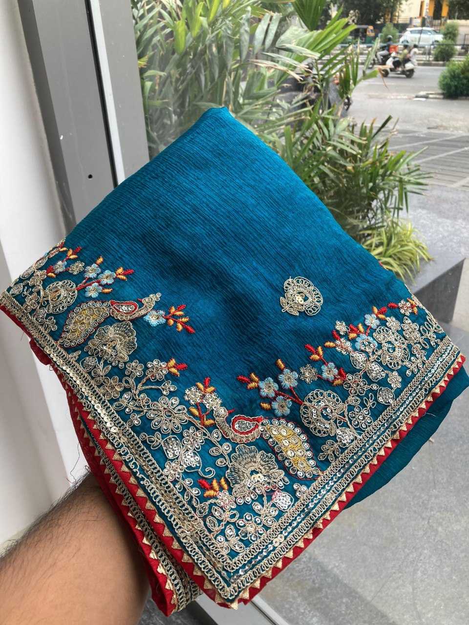 Premium Blue Fendy Chiffon Silk Saree with Heavy Embroidery & Mono Banglory Blouse – Perfect Wedding & Festive Wear