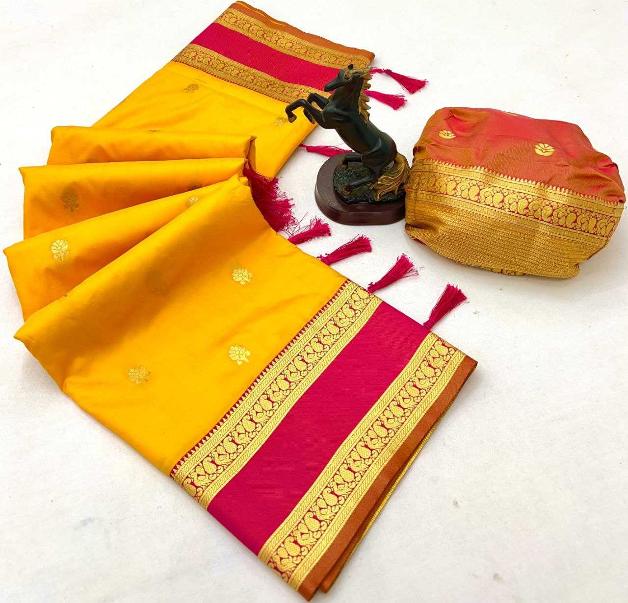 Yellow Premium Soft Silk Kanjeevaram Saree with Dual Zari Butta, Rich Woven Pallu & Designer Silk Blouse
