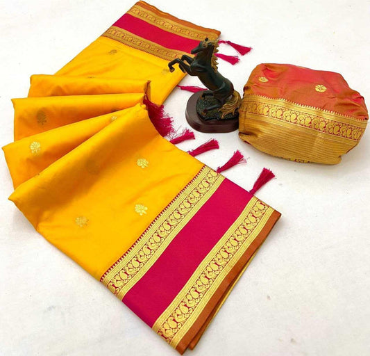 Yellow Premium Soft Silk Kanjeevaram Saree with Dual Zari Butta, Rich Woven Pallu & Designer Silk Blouse - House of ViDi