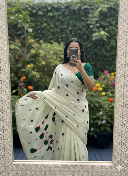 Green Soft Rangoli Silk Embroidered Cutwork Saree with Mirror Work Border - House of ViDi