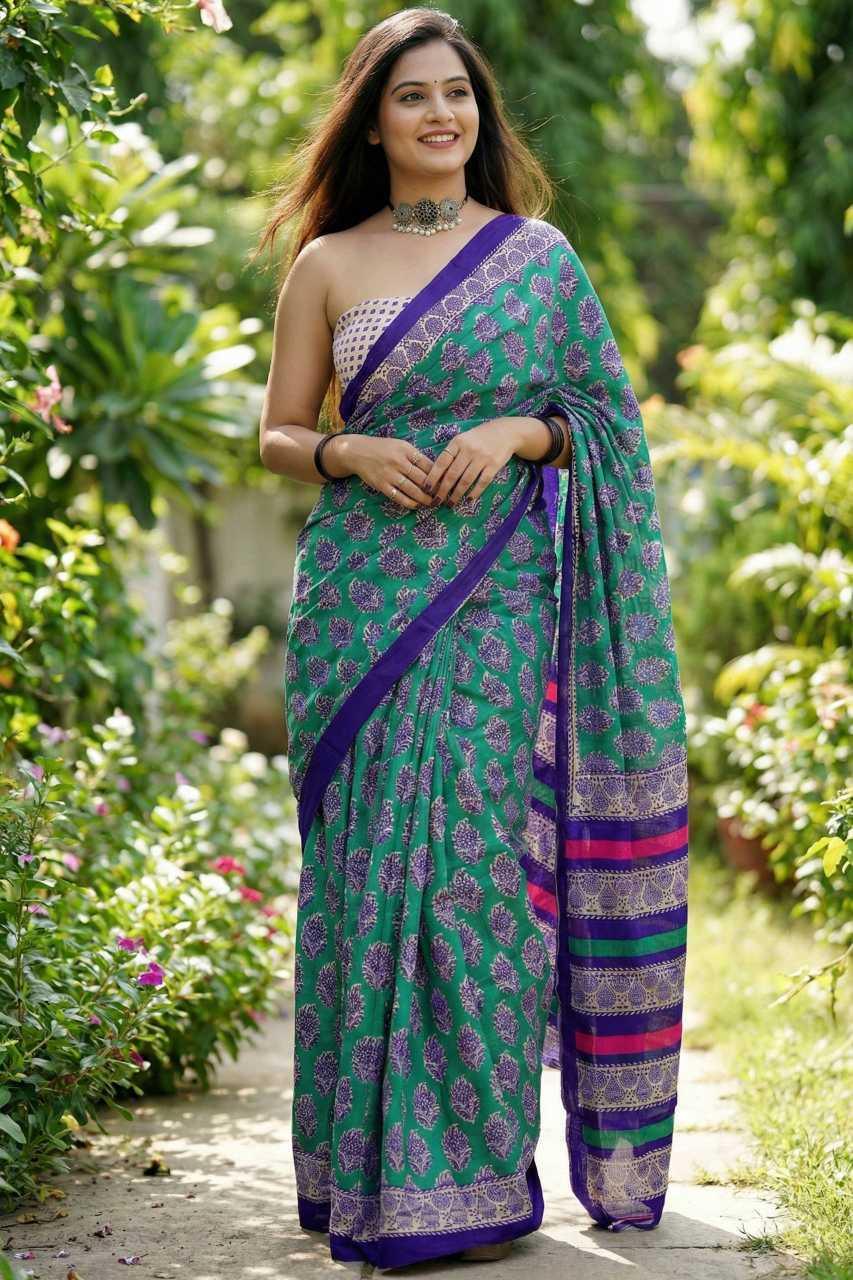 Blue Premium Ajrakh Bagru Block Print Cotton Mulmul Saree with Printed Blouse - House of ViDi