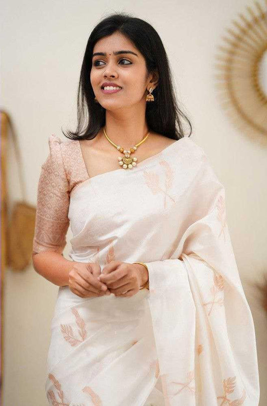 Banarasi Soft Lichi Silk Saree with Rich Pallu & All-Over Jacquard Work | Designer Brocade Blouse [Pearl White] - House of ViDi