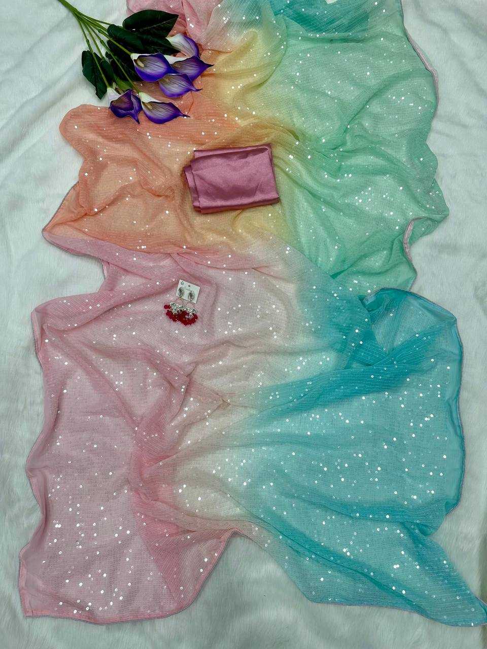 Pastel Mint Green Digital Printed Georgette Sequin Work Saree with Satin Silk Blouse