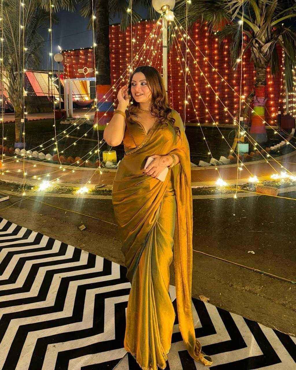Golden Fendy Satin Handwork Lace Party Wear Saree