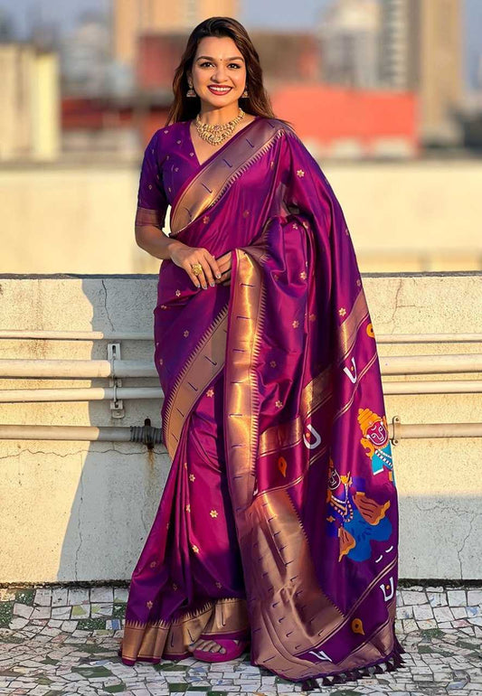 Vitthala Paithani Silk Saree with Muniya Border & Brocade Blouse – Traditional Wedding & Festive Wear [Wine] - House of ViDi