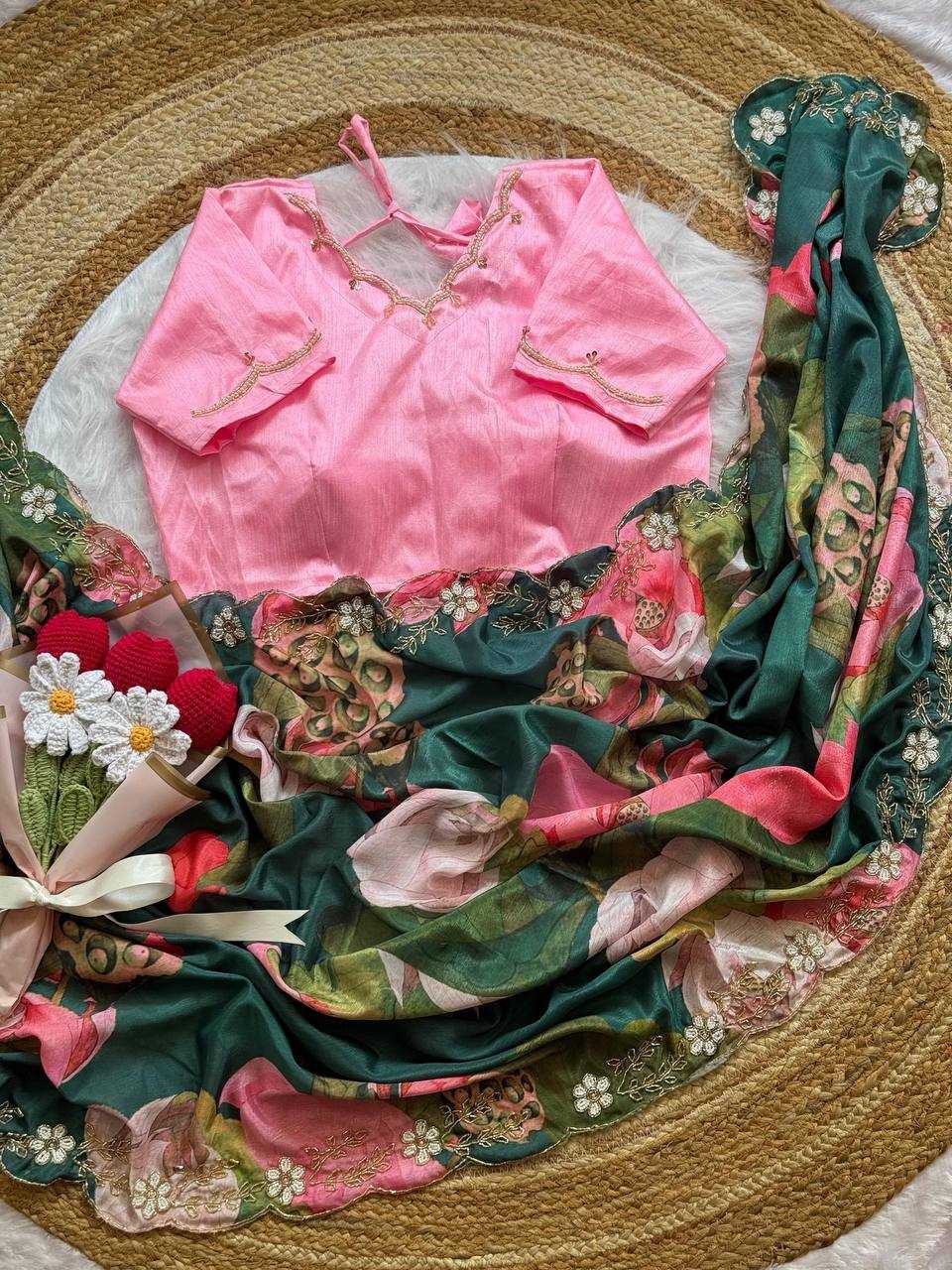 Manju Warrier Inspired Soft Chinon Handwork Printed Designer Saree [Deep Green]