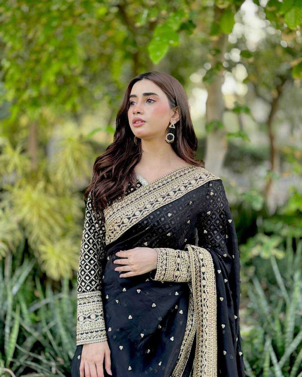 Black Designer Tabby Silk Saree with Sequins & Thread Work | Unstitched Blouse | House of ViDi