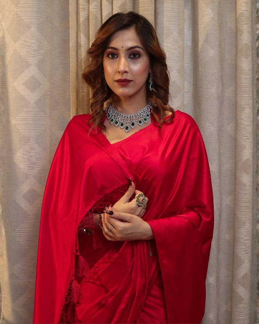 Red Premium Party Wear Crepe Silk Saree with Matching Blouse - House of ViDi