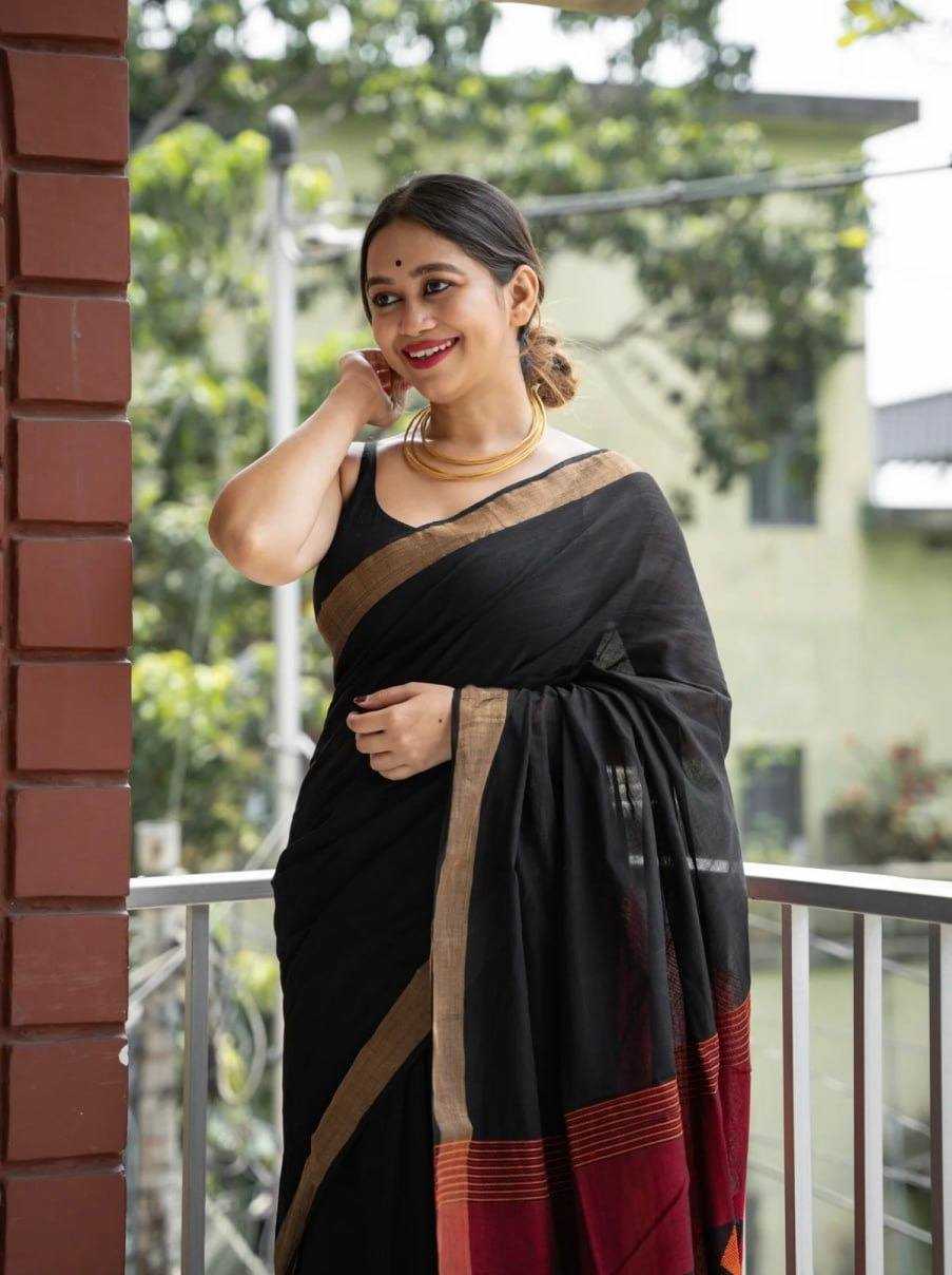 Black Soft Linen Jacquard Party Wear Saree with Rich Pallu & Woven Border