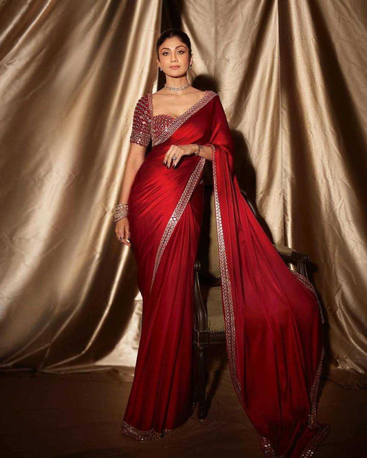 Shilpa Shetty Inspired Red Satin Silk Mirror Work Saree – Designer Party Wear Saree with Embroidered Mirror Blouse