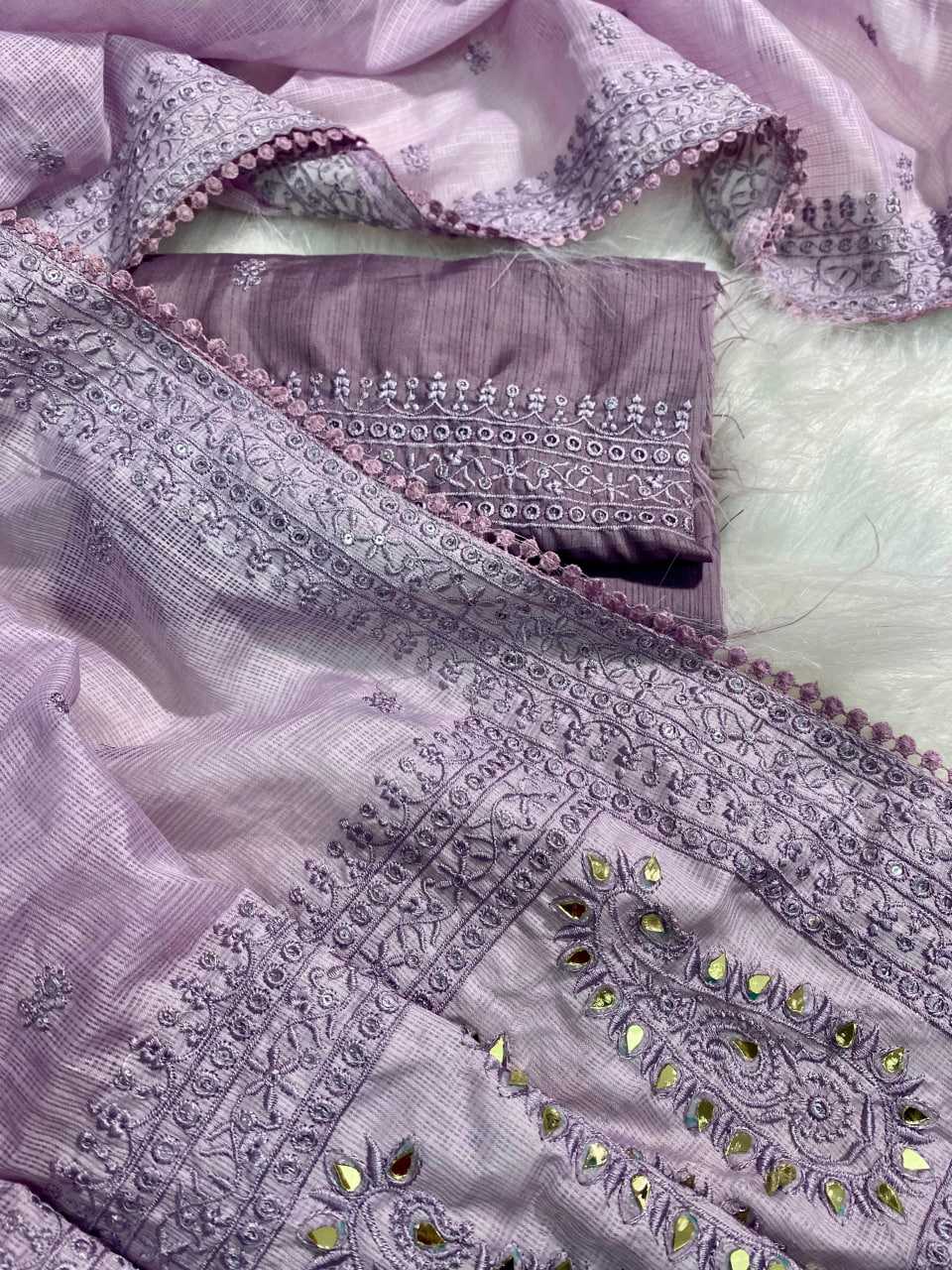 Lilac Kota Silk Saree with Sequin & Mirror Embroidery – Fancy Lace Border & Banglori Blouse - House of ViDi