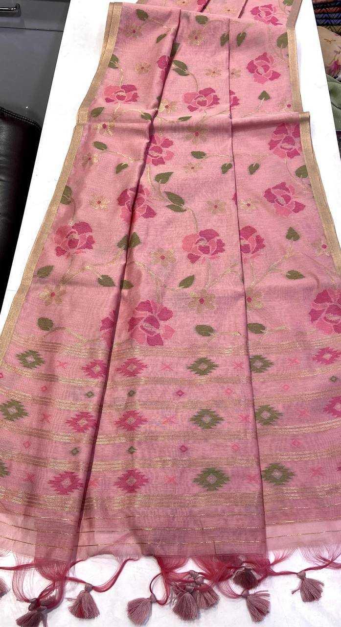 Pink Designer Jamdani Style Cotton Party Wear Saree with Elegant Weave - House of ViDi