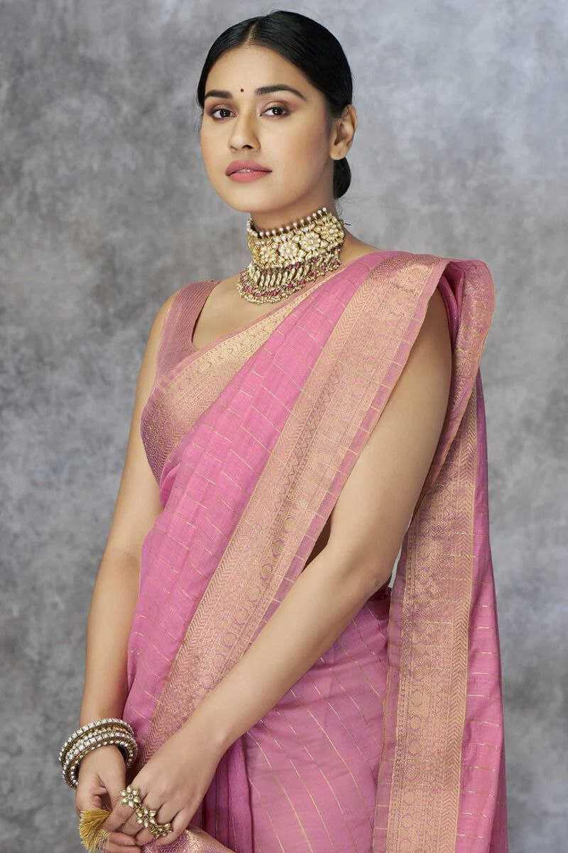 Light Pink Pure Khadi Cotton Handloom Saree with Rich Pallu & Tassel Detailing | Designer Traditional Saree - House of ViDi