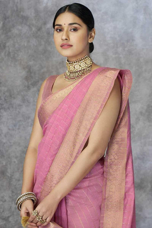 Light Pink Pure Khadi Cotton Handloom Saree with Rich Pallu & Tassel Detailing | Designer Traditional Saree - House of ViDi