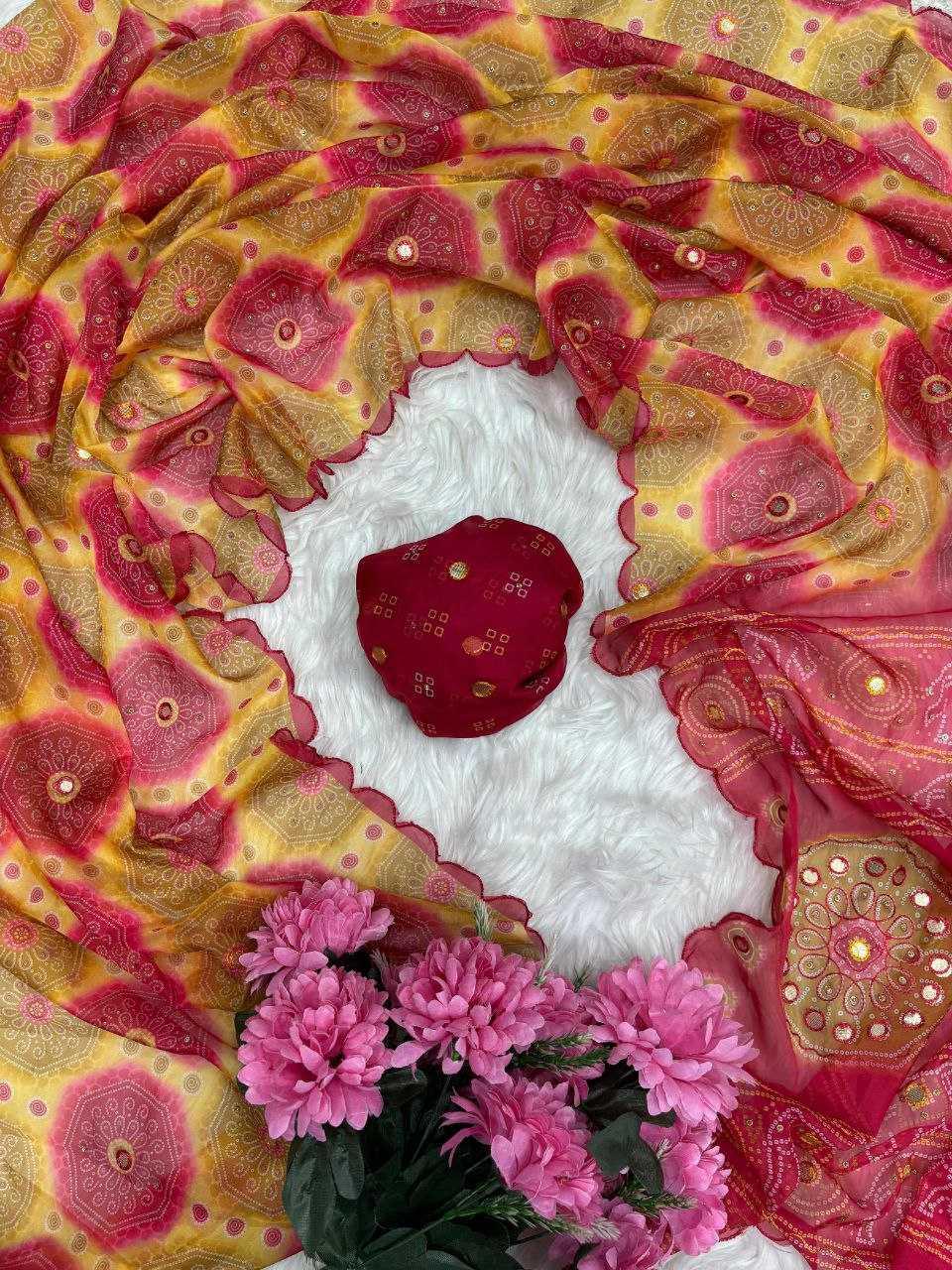 Designer Tabby Silk Digital Print Saree with Gota Handwork & Cutwork Border - House of ViDi
