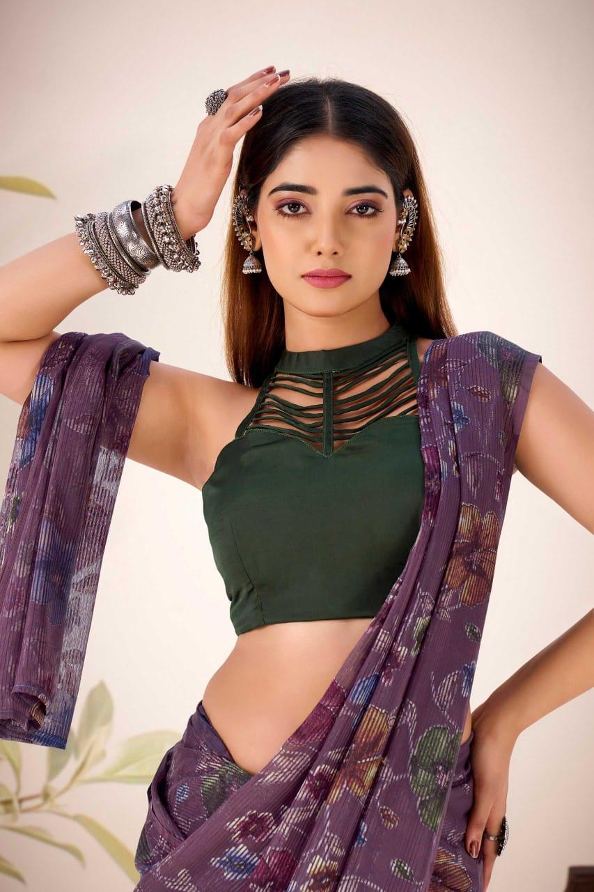 Purple Floral Viscose Brasso Designer Saree with Natural Silk Blouse | Festive Wear | House of ViDi - House of ViDi