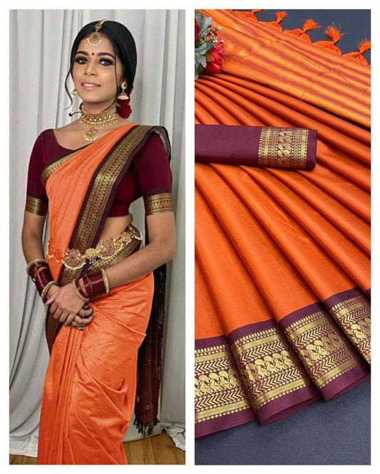 Pure Mercerised Cotton Silk Saree with Zari Border & Contrast Pallu – Ethereal Elegance with Unstitched Blouse [Orange] - House of ViDi
