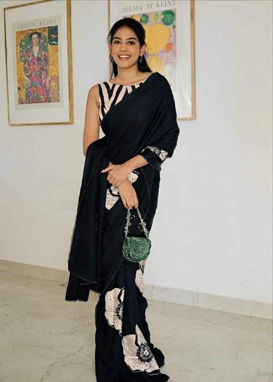 Black Ajrakh Inspired Semi Gajji Silk Party Wear Saree with Printed Border & Rich Pallu - House of ViDi