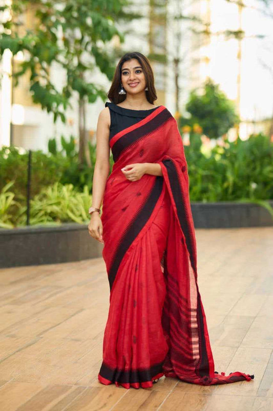 Red Premium Linen Cotton Digital Print Saree with Matching Blouse - House of ViDi