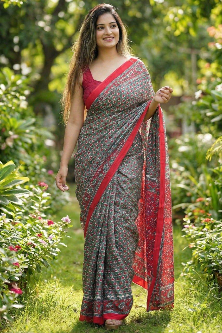 Red Bagru Block Print Mulmul Cotton Saree with Matching Blouse – Handcrafted Jaipur Ajrakh - House of ViDi