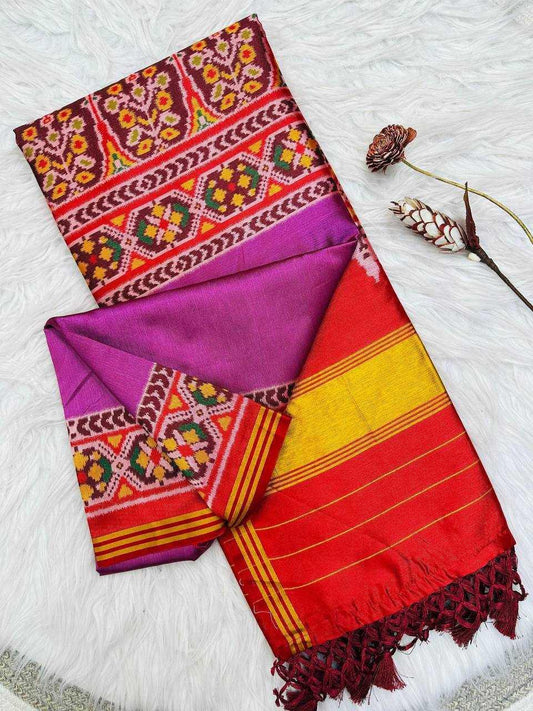 Pink Pure Patola Silk Saree with Double Ikkat Print, Lagadi Pallu & Zari Border | Premium Soft Silk Saree - House of ViDi