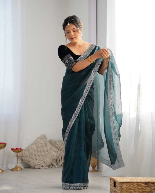 Elegant Lilac Twill Net Saree with 3mm Sequins & Rich Gold Zari Work [Bottle Green]