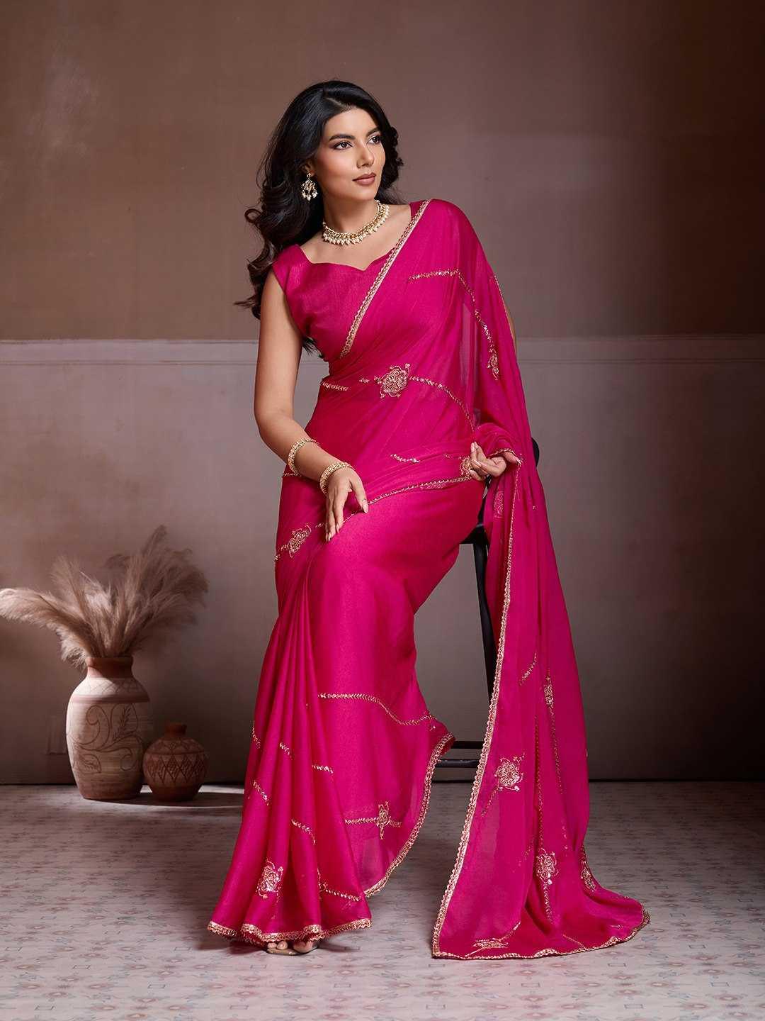 Hot Pink Designer Crush Silk Saree with C-Pallu Beads Embroidery Work - House of ViDi