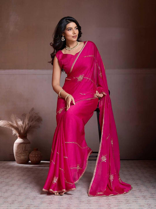 Hot Pink Designer Crush Silk Saree with C-Pallu Beads Embroidery Work - House of ViDi