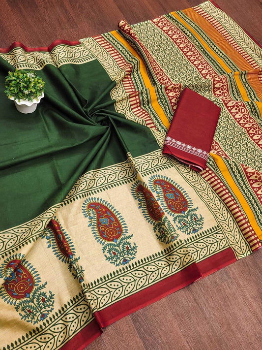 Green Pure Cotton Ajrakh Hand Block Print Saree with Blouse – Traditional Artisan Collection - House of ViDi