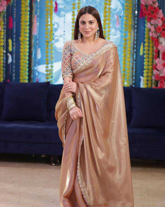 Jimmy Choo Dusty Gold Sequin & Embroidered Saree – Designer Party Wear