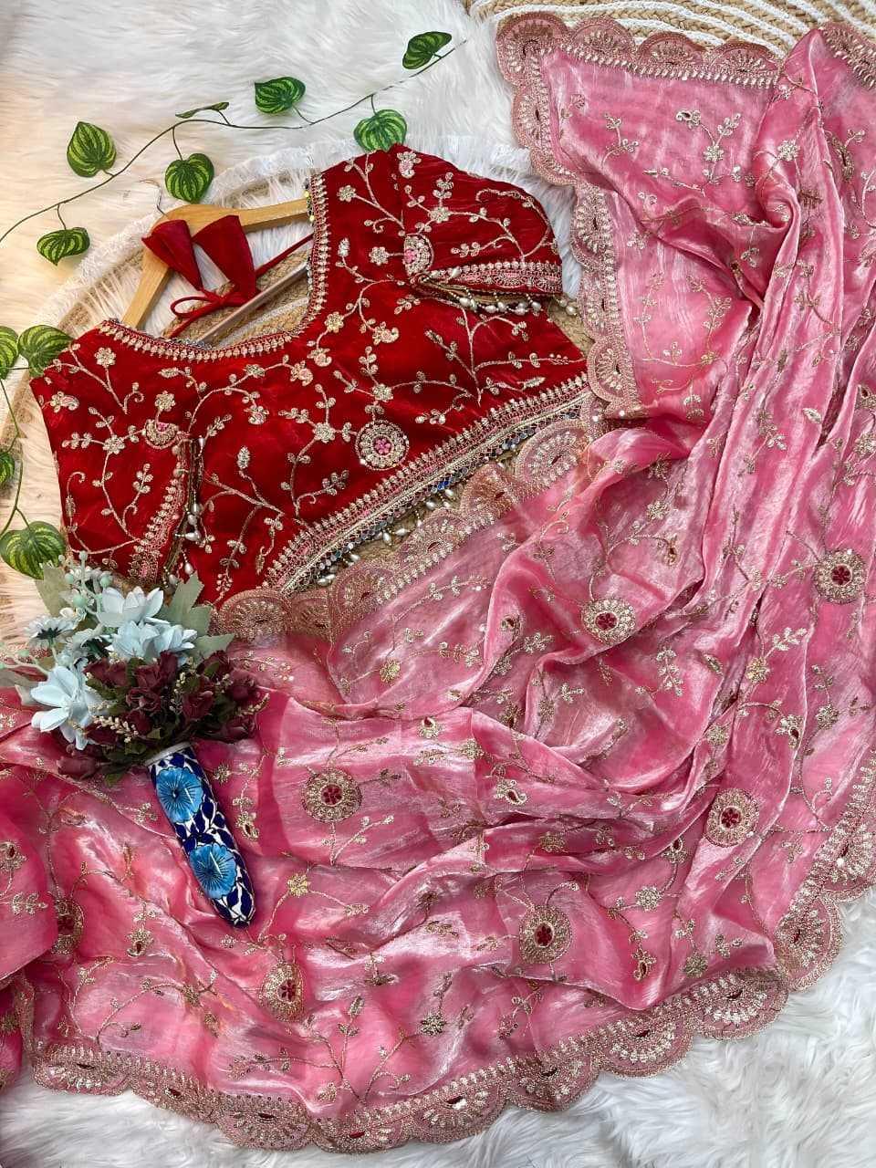 Red Fendy Satin Saree with Sequin Embroidery & Blouse - House of ViDi