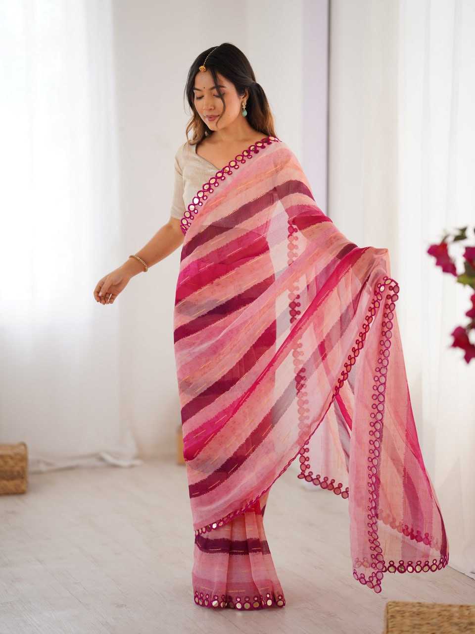 Pink Heavy Marble Chiffon Lehriya Print Saree with Zari & Mirror Border – Elegant Festive & Party Wear Saree
