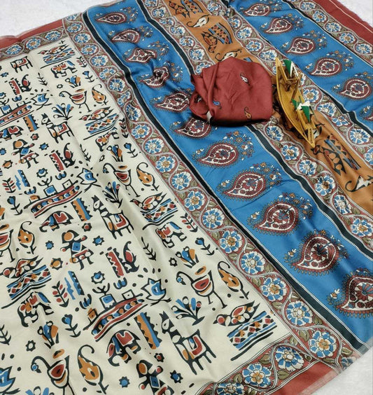 Off White Warli x Kalamkari Edition Soft Silk Saree with Designer Pallu & Zari Border – Premium Soft Silk Saree - House of ViDi