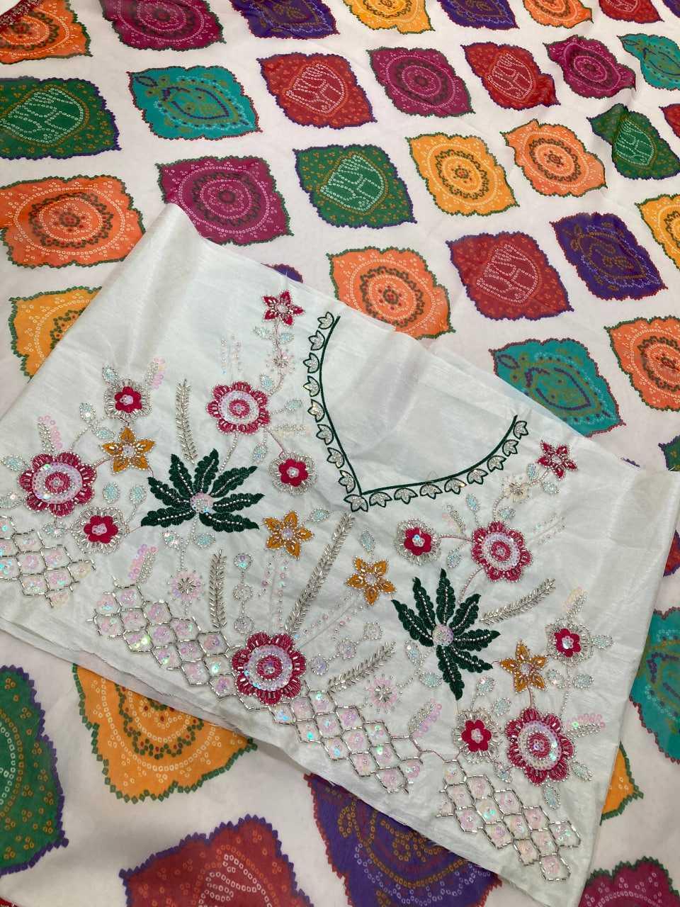 Printed Georgette Saree with Bandhej Print & Beaded Blouse [Off White] - House of ViDi