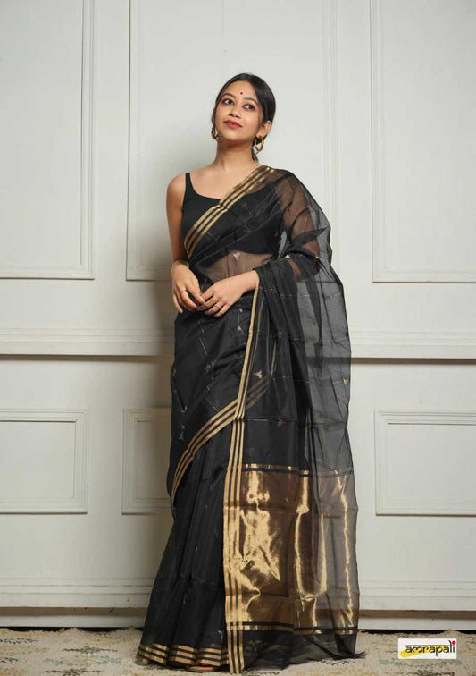 Soft Cotton Silk Saree with Jacquard Weaving & Rich Pallu – Elegant Festive Wear with Unstitched Blouse [Black] - House of ViDi