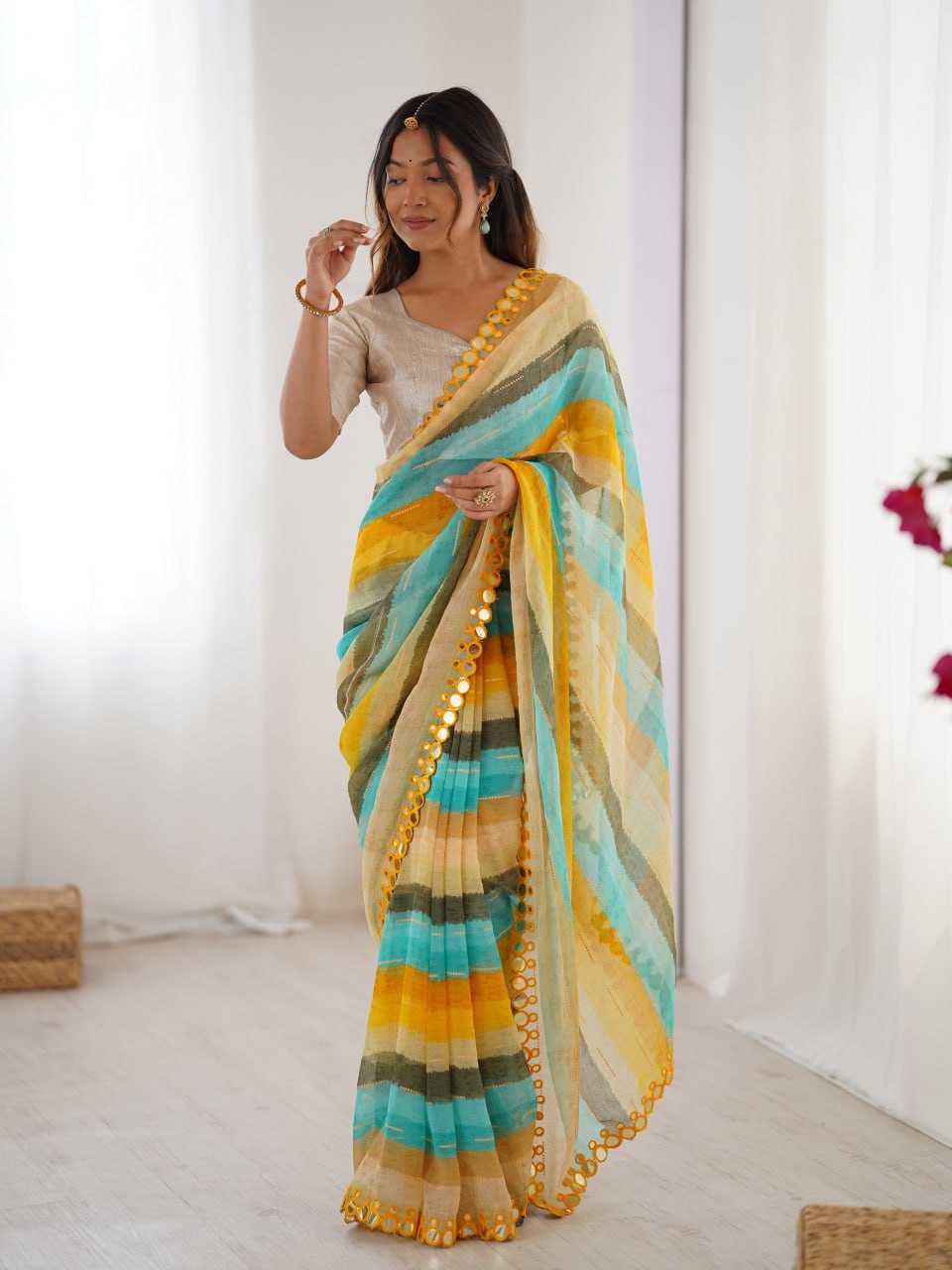 Yellow Heavy Marble Chiffon Lehriya Print Saree with Zari & Mirror Border – Elegant Festive & Party Wear Saree