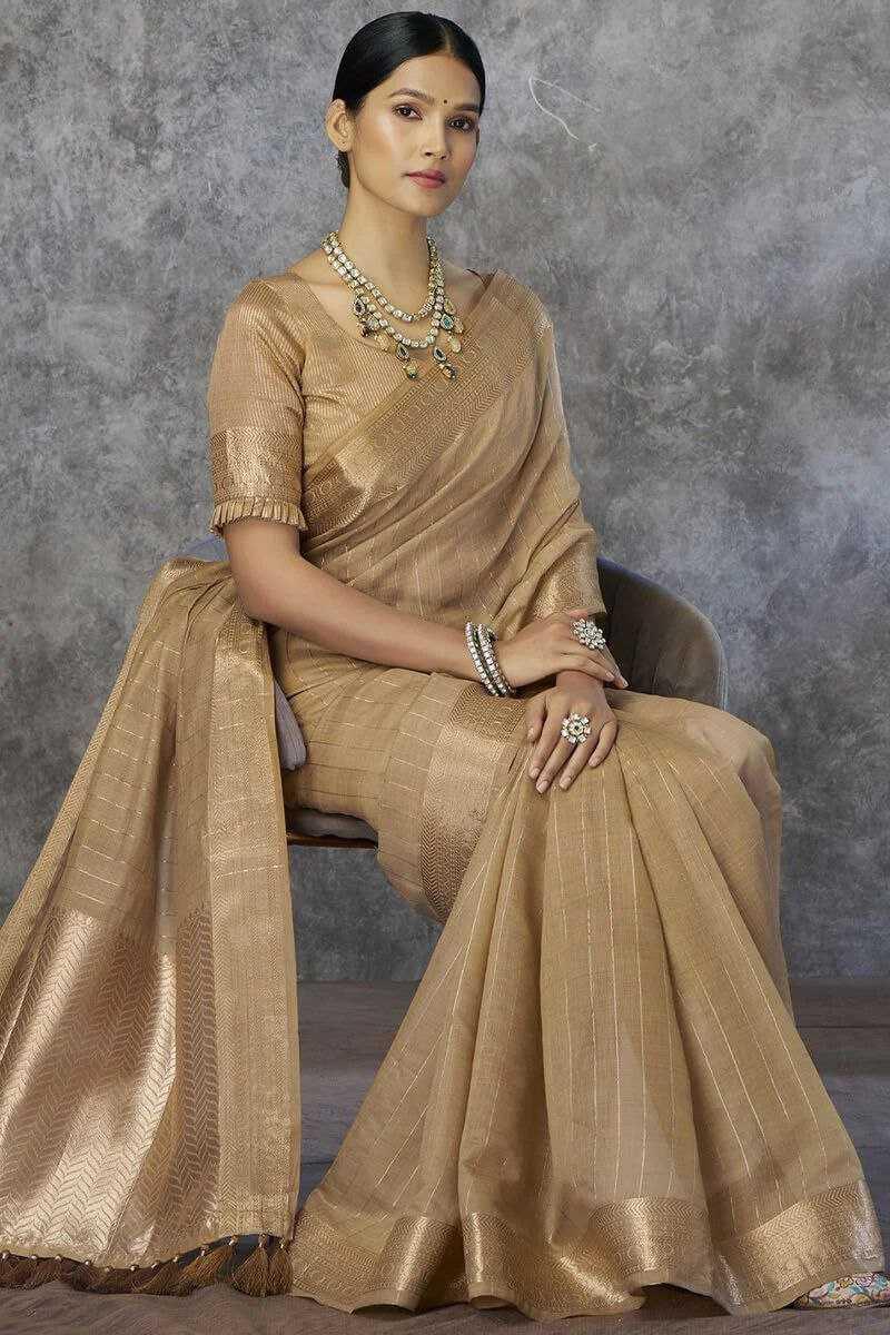 Chikoo Pure Khadi Cotton Handloom Saree with Rich Pallu & Tassel Detailing | Designer Traditional Saree - House of ViDi