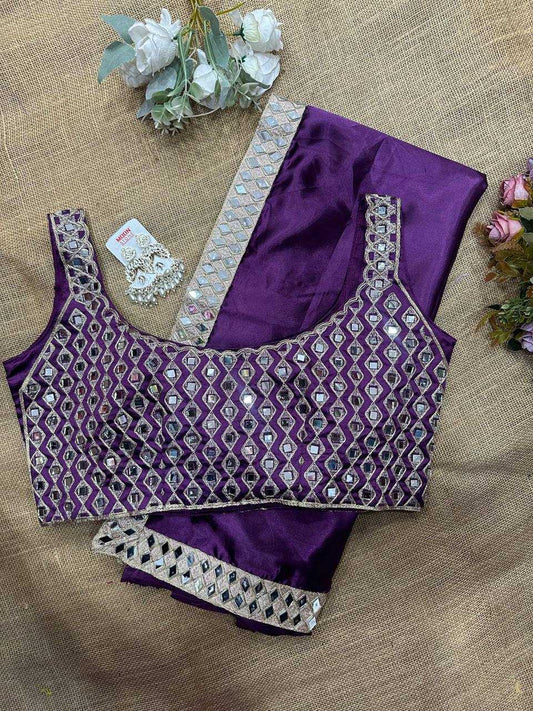 Lavender Satin Silk Mirror Work Saree – Designer Party Wear Saree with Embroidered Mirror Blouse