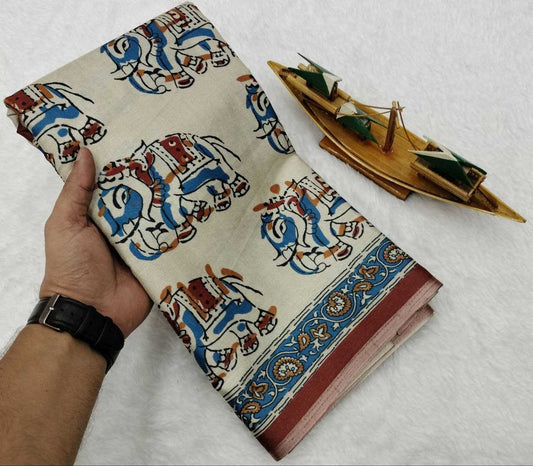 White Warli x Kalamkari Edition Soft Silk Saree with Designer Pallu & Zari Border – Premium Soft Silk Saree