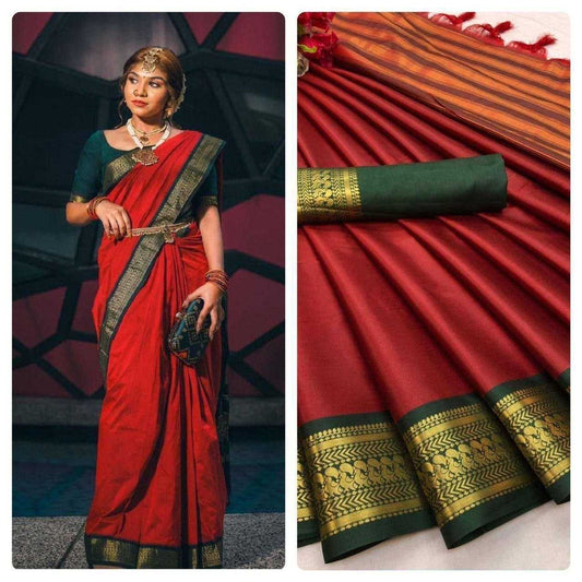 Pure Mercerised Cotton Silk Saree with Zari Border & Contrast Pallu – Ethereal Elegance with Unstitched Blouse [Red] - House of ViDi